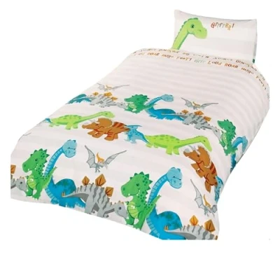 Image of Homespace Direct Rapport Home Dinosaur Kids Polycotton Duvet Set with Pillowcase, Brown, Toddler