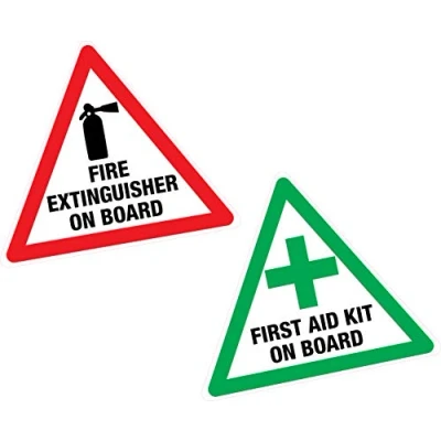 Image of First Aid &amp; Fire Extinguisher on Board LARGE Set 2x Vinyl Sticker Label Taxi Van Bus