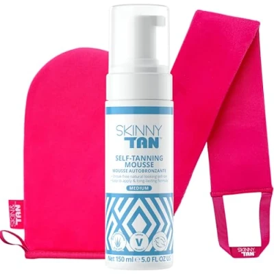 Image of Skinny Tan Tanning Mousse Long Lasting &amp; Non Drying Coconut Vanilla Scent Easy To Apply, Luxurious Foam Texture Streak Free and Natural Results Medium 150 ml Plus Mitt Back Applicator