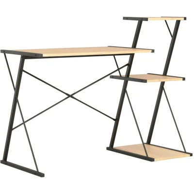Image of vidaXL Desk Modern Home Office Furniture with Integrated Shelf, Large Workspace for Computers, Black and Oak Finish X Shape Powder Coated Steel Legs