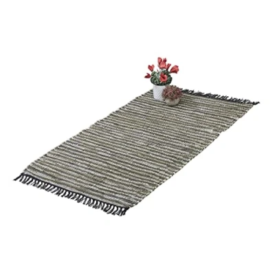 Image of Relaxdays Boho Runner Rug, Cotton and Leather, Non Slip, Hand Woven, with Tassels, Hallway, Kitchen, 70 x 140 cm, Green, 90% 10%