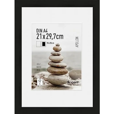 Image of accent by nielsen Apollon Photo Frame Black 21x29.7cm Wooden A4 Picture with White Mount to Fit 15x20cm, Protective Float Glass and Push Turn Clips