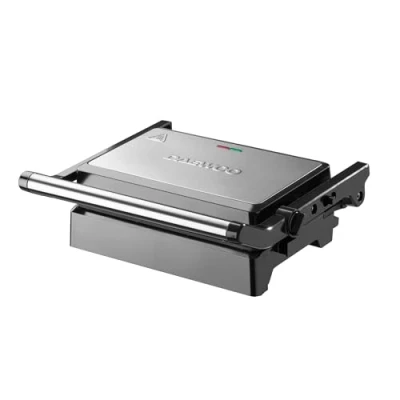 Image of Daewoo 180 Health Grill with Cool Touch Handle, Use Open or Closed, Automatic Temperature Control, Non Stick, Easy Clean, Cord Wrap Storage, Power On &amp; Ready Light Indicators 1200W Power, Silver