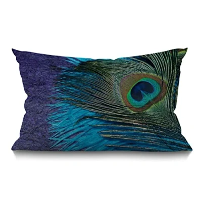 Image of BGBDEIA Cushion Cover Farmhouse Purple and Teal Peacock Decorations Pillow Case for Sofa Couch Cotton Linen 30 x 50 cm 12x20 Inches
