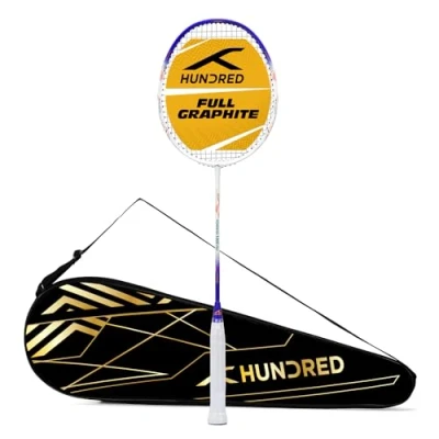 Image of HUNDRED Powertek 1000 PRO Graphite Strung Badminton Racquet with Full Racket Cover For Intermediate Players 95 grams Maximum String Tension 26lbs (White/Blue)