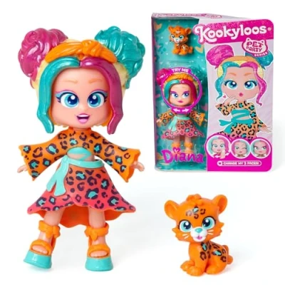 Image of KOOKYLOOS Pet Party Diana doll with leopard pet. Includes doll, 1 pet, fashionable outfit and shoes accessory. 3 different faces!