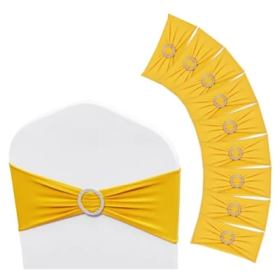 Image of VEVOR Stretch Spandex Chair Sashes, Slipcover and Sash with Round Buckle, Elastic Bands, Fitting Wedding, Holiday, Banquet, Party Decoration (50 PCS Golden Yellow)