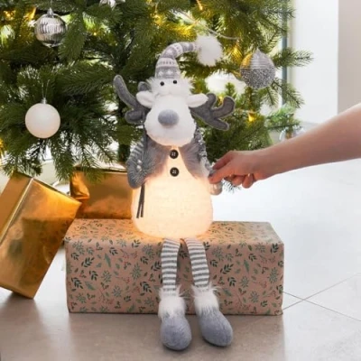 Image of Festive Lights 68cm Grey &amp; White Sitting Dangly Legs Christmas Reindeer Gonk Battery Powered Warm LED Lit Indoor Decoration