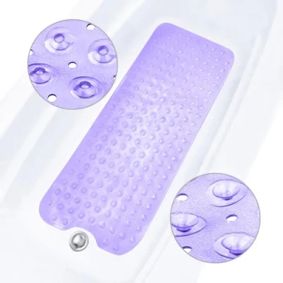 Image of ADOV Bath Mat Non Slip, 100x40cm Extra Long Shower Anti Mould, Bacterial Bathtub Mats, 200 Strong Suction Cups and Drain Holes, Mildew Resistant Machine Washable Bathroom Kids Purple
