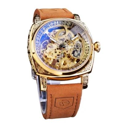 Image of FORSINING Fancy Watches for Men, Square Retro Mechanical Watch Self Wind Carved, Gear Movement Golden Skeleton Automatic Vintage Leather Strap Wrist Watch, gold,