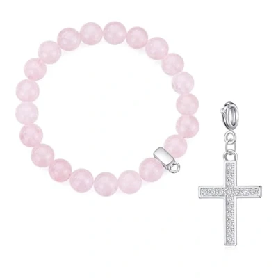 Image of Philip Jones Rose Quartz Gemstone Bracelet with Cross Charm Created Zircondia® Crystals