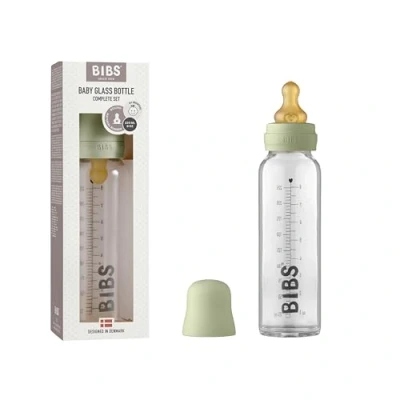 Image of BIBS Baby Glass Bottle. Anti Colic. Round Natural Rubber Latex Nipple. Supports Breastfeeding, Complete Set 225 ml, Sage
