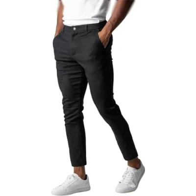 Image of Active Chinos Pants Men, Lifestyle Pants, Trousers Loose Fit Straight Legs Elastic Casual for Men (Black,S)
