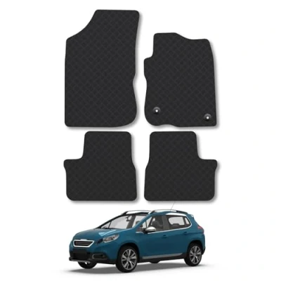Image of Rubber Car Mats Compatible with Peugeot 2008 (2013 2020) Tailored Fit Floor Set Accessory Black Custom 4 Pieces Clips Anti Slip Backing, Heavy Duty &amp; Waterproof