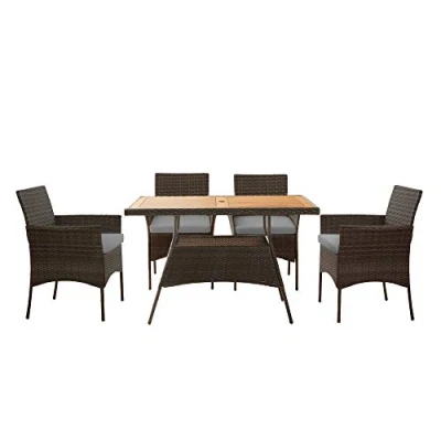 Image of Teamson Home 5 Piece Outdoor Patio Furniture Dining Set, Rattan Garden Table &amp; 4 Chairs with Removeable Cushions, Weather Resistant, Brown/Grey
