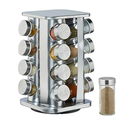Image of Relaxdays Spice Carousel with 16 Jars on 4 Tiers, 360 Rotation, Shakers, Stainless Steel, Silver