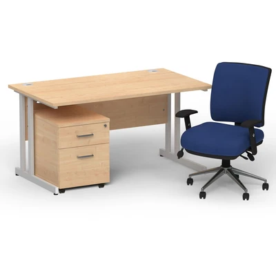 Image of Impulse 1400 Silver Cant Desk Maple + 2 Dr Mobile Ped &amp; Chiro Blue