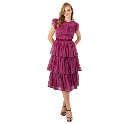 Image of Womens Pink Midi Dress for Ladies Sleeveless Short Sleeve with Frilly Tiered Ruffle Wedding Guest Prom Evening Gown Size 10