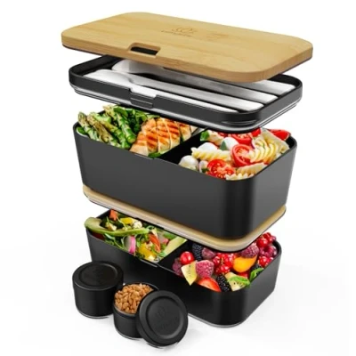 Image of Umami Lunch Box Containers w/ 4 Utensils, Sauce Jars, Nestable Space Saving Bento Adult, 100% Leakproof, Microwavable Container for Adults