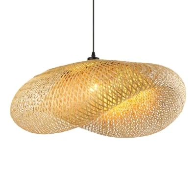 Image of Schindora Creativity Hanging Lights,Handwoven Hat Bamboo Light Shade Retro Ceiling Pendant 100Cm Vintage Lights for Kitchen Dining Room Living Restaurant,Light Straw
