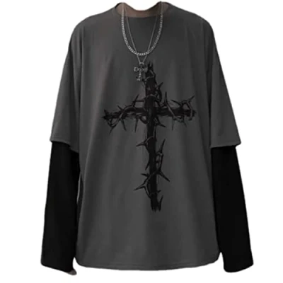 Image of Grunge Gothic Clothes Harajuku Fashion Alt Emo Clothing Oversized Casual Long Sleeves Crewneck T Shirt Tee Streetwear, Grey, M