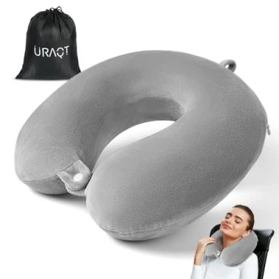 Image of URAQT Travel Pillow, Memory Foam U Shaped Neck Support Lightweight Quick Pack for Airplane Train Car Camping Sleeping Rest Cushion (Grey)