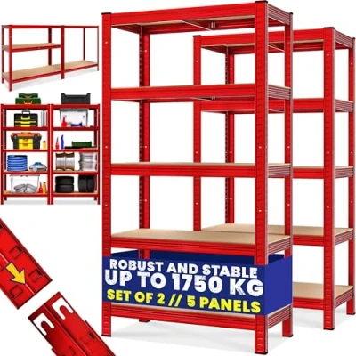 Image of Monzana® Set of 2 Garage Shelves 5 Tier Industrial Racking Heavy Duty Free Standing Plug In Shelving Units Warehouse Shed Workshop 875KG Capacity/175KG Per Shelf Red 180 x 90 40cm