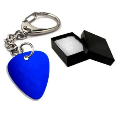 Image of County Engraving Personalised Dark Blue Metal Guitar Pick Plectrum Keyring Key Ring Engraved Enter Your Own Custom Text