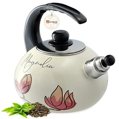 Image of KADAX Water Kettle, Stainless Steel 2.2L Flute Kettle for Induction and Gas Stove, Tea Enamel Retro with Whistle (Red Flowers)