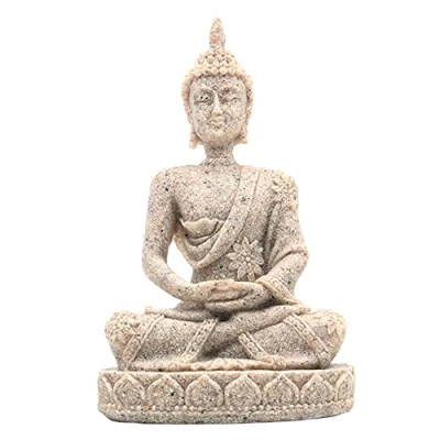 Image of ANCLLO The Hue Sandstone Meditation Buddha Statue Sculpture Hand Carved Figurine Sand Color #8134,Mini Figurines Shelf Display Home Decoration