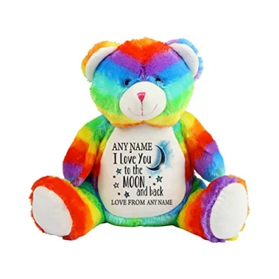 Image of Giftme Personalised ANY NAME I love You To The Moon And Back Teddy Bear Soft toys Birthday Present. (Rainbow Bear)