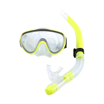 Image of Dry Snorkel Set, Adult PVC Tempered Glass Diving Goggles Mask With Silicone Snorkle Set Swimming Equipment (yellow) Water Sports