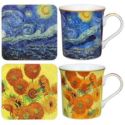 Image of The Leonardo Collection Van Gogh Mug &amp; Coaster S2 2ASS Lovely Gifts for Women Men Designed by Vincent Coasters Set All Modern Kitchen Offices