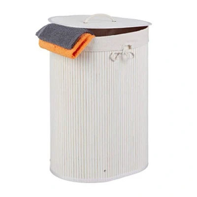 Image of Relaxdays Bamboo Laundry Basket Oval 46 L Foldable Hamper with Lid Bathroom &amp; Bedroom H x W D H: 55 42 cm White