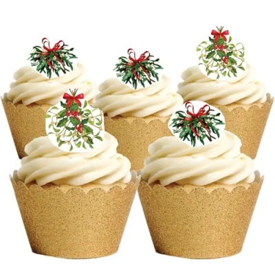 Image of Top That 24 Stand Up Premium EDIBLE Wafer Paper Christmas Mistletoe Cake Toppers Decorations