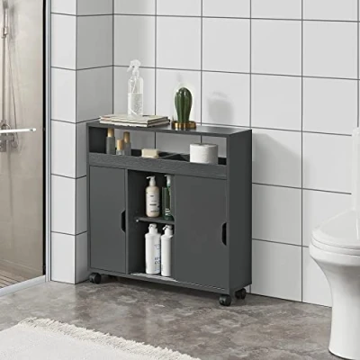 Image of [en.casa] Bathroom cabinet Lumijoki Chest of drawers Dark grey with sliding door storage Multi purpose Midway castors