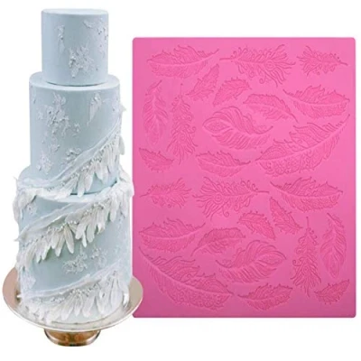 Image of Feather Partten Cake Lace Mat,Silicone Baking Mat,Cake Embossed Mold,Wedding Decorating Tool, Mousse Chocolate Fondant Mould, Embossing Mould Pad,DIY Border Decorative