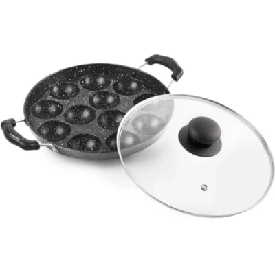 Image of Tanish Trading Non Stick Cookware Appam Maker 12 Pits with Glass Lid,Paniyaram Pan Patra Lid,Appe Maker,Appam Patra, Black