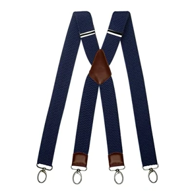 Image of Olata Heavy Duty X Shape Wide Braces/Suspenders with Brown Leather and Carabiner Clips 4cm. Dark Blue