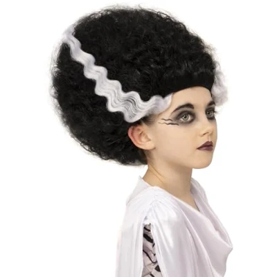 Image of Smiffys Universal Monsters Bride of Frankenstein Wig, Childrens Iconic Black Wig with White Streaks, Pre Styled Ready to Wear Hairpiece for Family Costume Matching, Halloween and Themed Parties