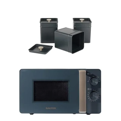 Image of Salter COMBO 8855 Marino Microwave and Canister Set 20L Freestanding Solo Oven, Carbon Steel Tea/Coffee/Sugar Tins, 27cm Glass Turntable, Adjustable Dial Control, 800W, Blue Grey
