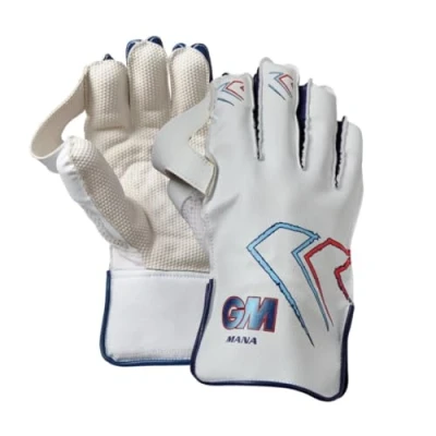 Image of Gunn &amp; Moore GM Cricket Wicket Keeping Keeper Gloves Mana PVC Faux Leather Back of Hand Cotton Lining Pimple Rubber Palm Youths 1 Pair, White