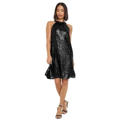 Image of PixieGirl Black Sequin Embellished Halter Neck Dress Petite