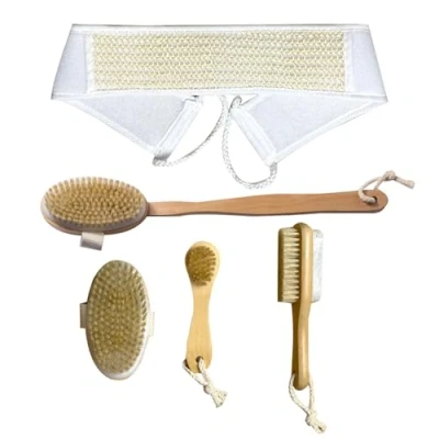 Image of 5Pack Wooden Body Massage Shower Brush Natural Bristle Bath Set Woman Man Dry Wash Cleaning