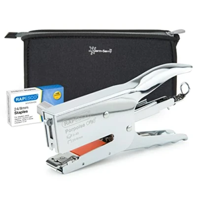 Image of Rapesco 1626 Porpoise ONE Bypass Stapling Plier with Germ Savvy Bag and 1000 x 24/8mm Staples, Uses Size only for 2 45 Sheet Capacity, Chrome