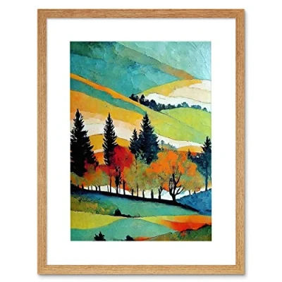 Image of Wee Blue Coo Colourful Autumn Landscape Scotland Hillside Forest Oil Painting Artwork Framed Wall Art Print 12X16 Inch
