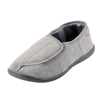 Image of Mens Cord Slippers Hook &amp; Loop Front Opening Hard Non Slip Sole Grey, UK 11