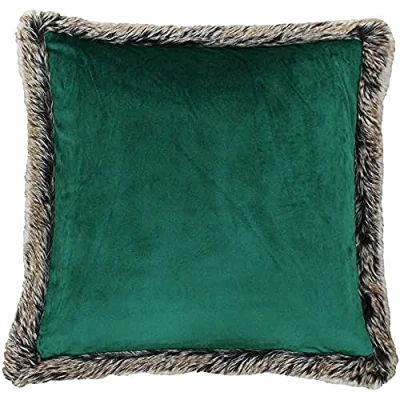 Image of Kiruna Square Cushion Cover Emerald Green Faux Velvet Look and Feel Fur Edging Reversible Hidden Zip Closure 100% Polyester 45 X 45cm (18&quot; 18&quot; Inches) Made by Riva Paoletti