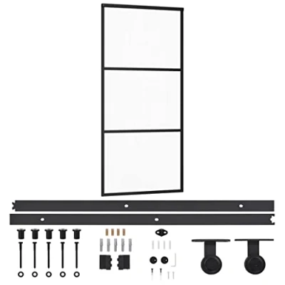 Image of vidaXL Modern Sliding Door with Hardware Set, ESG Glass &amp; Aluminium, 80.0 kg, Black,transparent