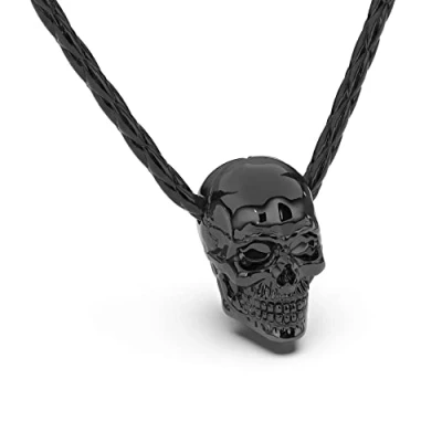 Image of SERASAR Leather Necklace Men&#039;s with Skull Pendant 50cm Black Cord Jewellery Box Genuine Gift Men Gothic Emo Devil Satan